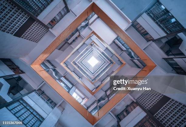 directly below shot of modern building against sky - chinese culture stock-fotos und bilder