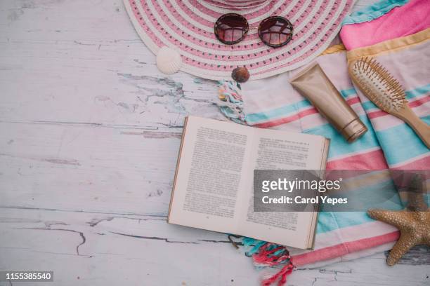 flat lay summer reading concept - beach flat lay stock pictures, royalty-free photos & images