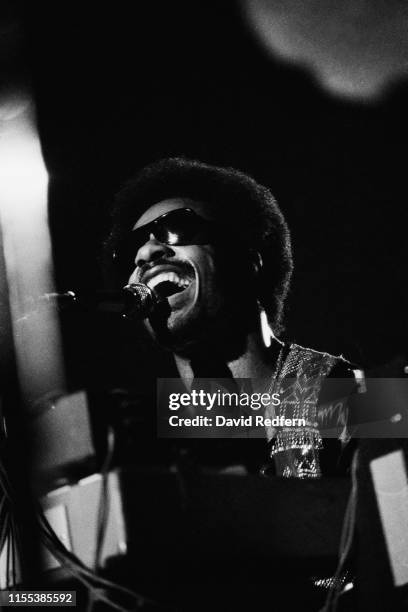 American singer, songwriter, musician and record producer Stevie Wonder performs live on stage, circa 1973.