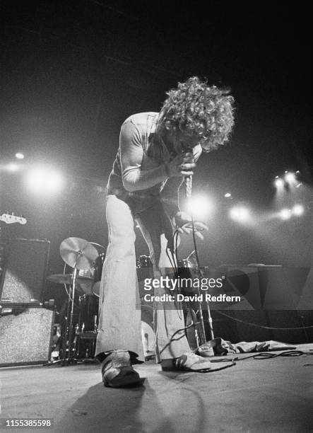 English singer and actor Roger Daltrey of rock band The Who performs live on stage at Kings Hall during their tour to promote the album...