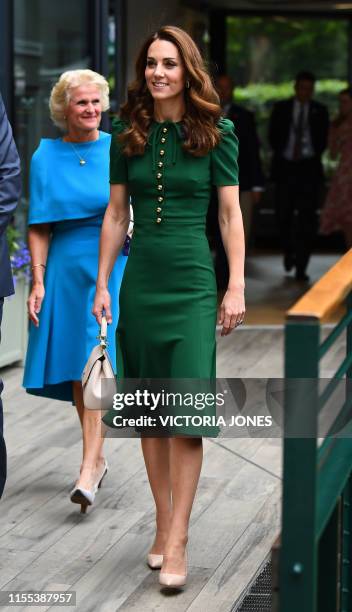 Britain's Catherine, Duchess of Cambridge arrives for a visit ahead of the Women's Final on day twelve of the 2019 Wimbledon Championships at The All...