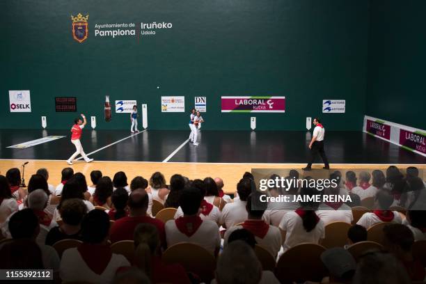 General view shows the San Fermin women's Basque pelota championship final match at the Fronton Labrit on the sidelines of the San Fermin festival in...