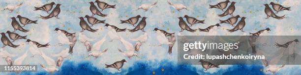 fashionable illustration modern work of art my original oil painting on canvas allegory horizontal symbolic picture free birds pigeons pecking gold grains on the sky and in the clouds and an open bird cage - oil paint stock illustrations