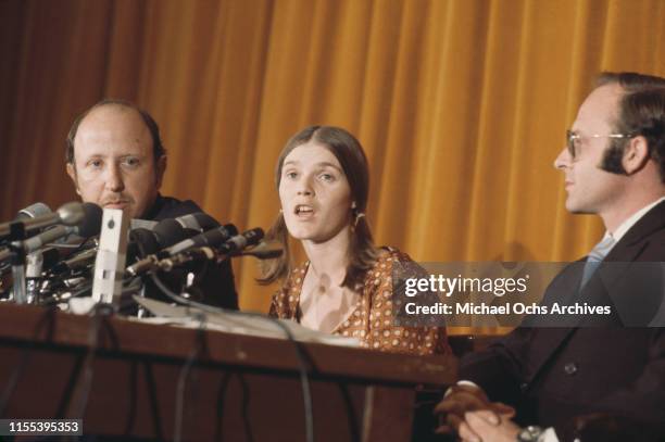 Manson family member Linda Kasabian, star witness in the Sharon Tate and LaBianca murder trial, at a press conference in Los Angeles, after being...