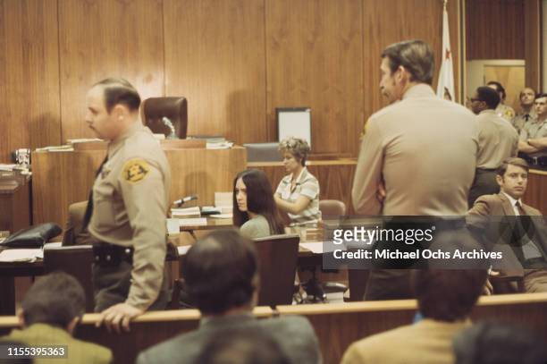 American murderer and member of the Manson Family Susan Atkins sits at the defendant's table at the Santa Monica Courthouse for a hearing regarding...