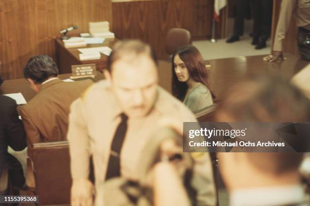 American murderer and member of the Manson Family Susan Atkins sits at the defendant's table at the Santa Monica Courthouse for a hearing regarding...