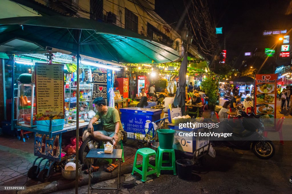 Bangkok Khao San Road street food stalls night market Thailand