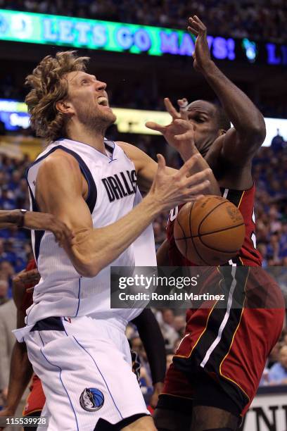 Dirk Nowitzki of the Dallas Mavericks goes up for a shot against Joel Anthony of the Miami Heat in the second quarter in Game Four of the 2011 NBA...