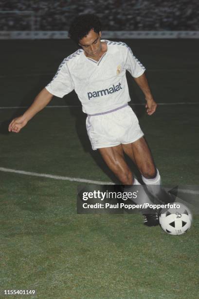 Mexican footballer Hugo Sanchez, forward with Real Madrid CF, pictured in action with the ball during a 1988-89 La Liga match in Spain circa 1988.