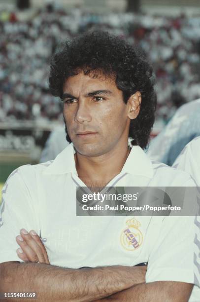 Mexican footballer Hugo Sanchez, forward with Real Madrid CF, pictured prior to playing in a 1989-90 La Liga match in Spain in 1989.