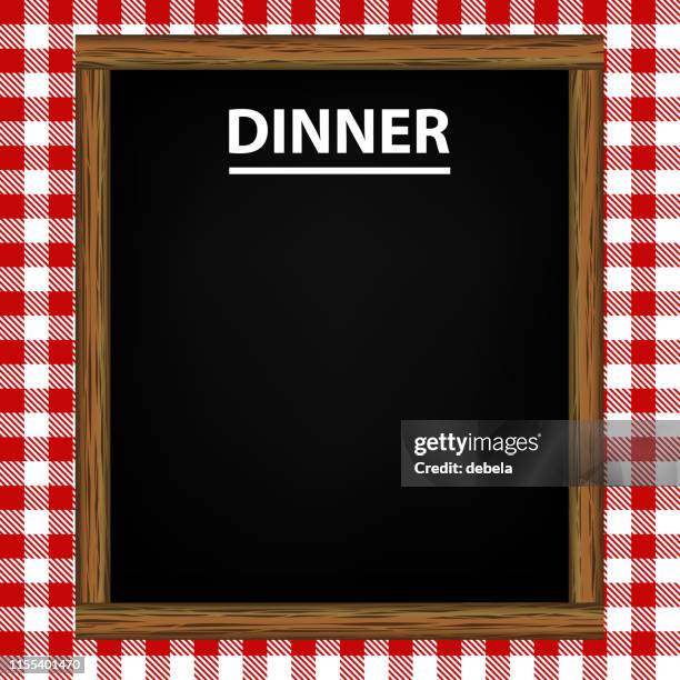 dinner menu blackboard on red gingham pattern background - menu board background stock illustrations