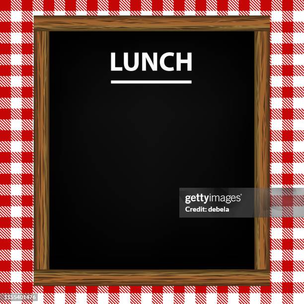 lunch menu blackboard on red gingham pattern background - empty table tablecloth stock illustrations