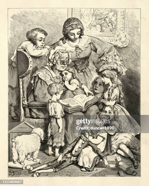 grandmother reading fairy tales of charles perrault to grandchildren - grandson stock illustrations