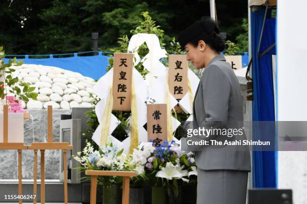 Empress Masako attends the 5th anniversary memorial to commemorate Prince Katsura at Toshimagaoka Cemetery on June 8, 2019 in Tokyo, Japan.