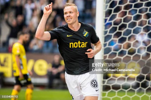 Kolbeinn Sigþorsson of AIK scores the 2-0 goal during an Allsvenskan match between AIK and IF Elfsborg at Friends Arena on July 13, 2019 in...