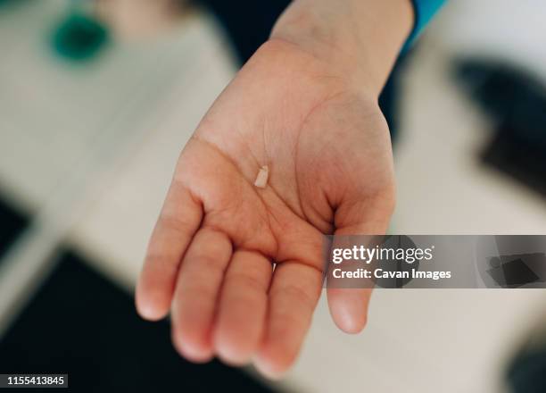 young child holding their first baby tooth that has fallen out - tooth fairy stock pictures, royalty-free photos & images