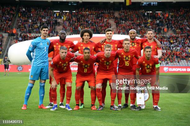 Belgian players pose for a team picture during the 2020 UEFA European Championships group I qualifying match between Belgium and Scotland at King...