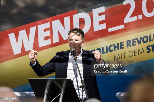 Bjoern Hoecke, leader of the AfD in the state of Thuringia, speaks to supporters during the inaugural AfD election rally in Brandenburg state...