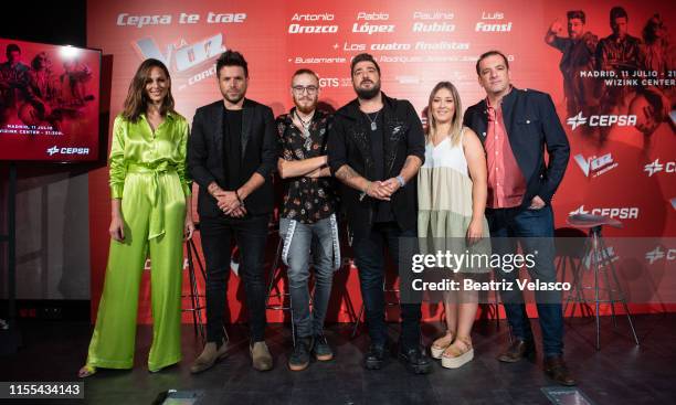 Eva Gonzalez, Pablo Lopez, Andres Martin, Antonio Orozco, Maria espinosa and Javi Moya attend 'La Voz' presentation at Wizink Center on June 12, 2019...