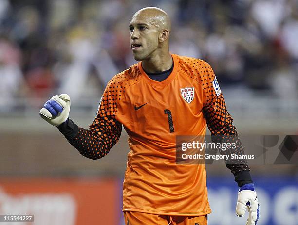 Tim Howard of the United States reacts after beating Canada 2-0 during the 2011 Gold Cup at Ford Field on June 7, 2011 in Detroit, Michigan.