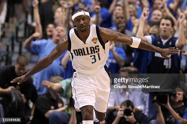 Jason Terry of the Dallas Mavericks reacts after he made a basket in the fourth quarter against the Miami Heat in Game Four of the 2011 NBA Finals at...