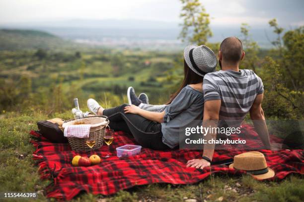 paar op de picknick in de natuur - romantic picnic stockfoto's en -beelden
