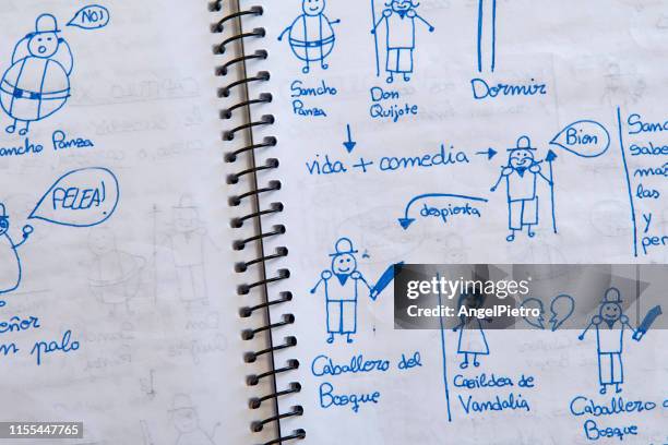 school tasks - notebook el quijote - doodling stock pictures, royalty-free photos & images