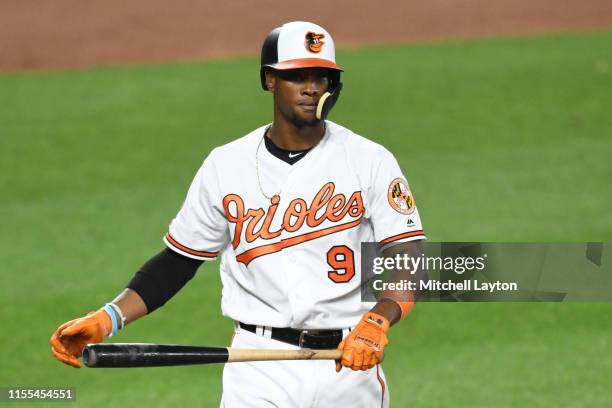 Keon Broxton of the Baltimore Orioles looks on during a baseball game against the Detroit Tigers at Oriole Park at Camden Yards on May 29, 2019 in...