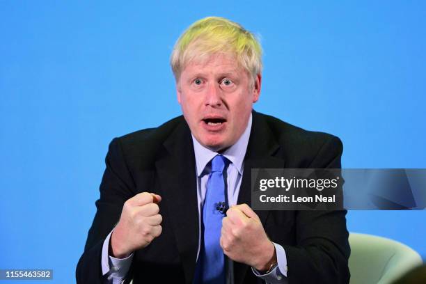 Boris Johnson addresses Conservative Party members during a hustings on July 13, 2019 in Colchester, England. The race between Boris Johnson and...