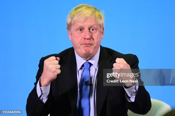 Boris Johnson addresses Conservative Party members during a hustings on July 13, 2019 in Colchester, England. The race between Boris Johnson and...