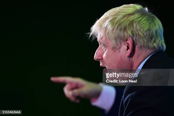 Boris Johnson addresses Conservative Party members during a hustings on July 13, 2019 in Colchester, England. The race between Boris Johnson and...