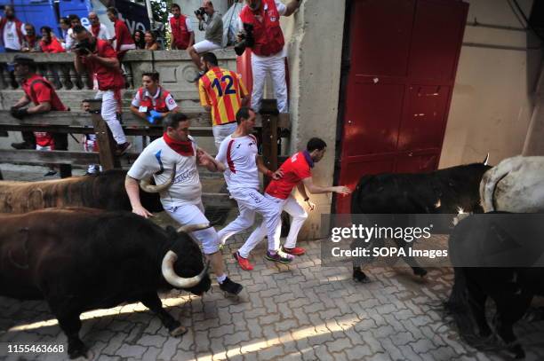 People run from the bulls during the festivities. San Fermín festivities celebrate the confinement of the bulls of the cattle ranch. The Palmosilla ,...