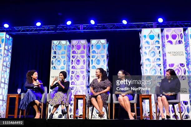 Rep. Ilhan Omar , Rep. Ayanna Pressley , Rep. Rashida Tlaib and Rep. Deb Haaland take part in a panel discussion led by Aimee Allison, touching the...