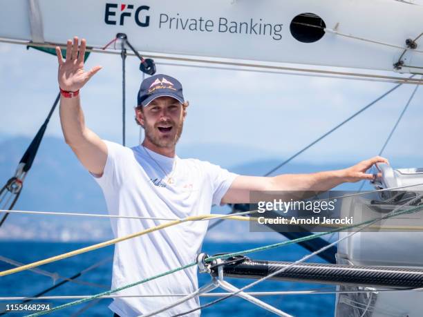 Pierre Casiraghi on the Malizia at the start of the Rolex Giraglia Offshore race between Saint Tropez and Monaco on June 12, 2019 in Saint-Tropez,...