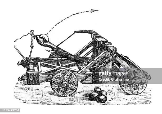 ilustrações, clipart, desenhos animados e ícones de ilustração balística do dispositivo da catapulta - catapulta medieval