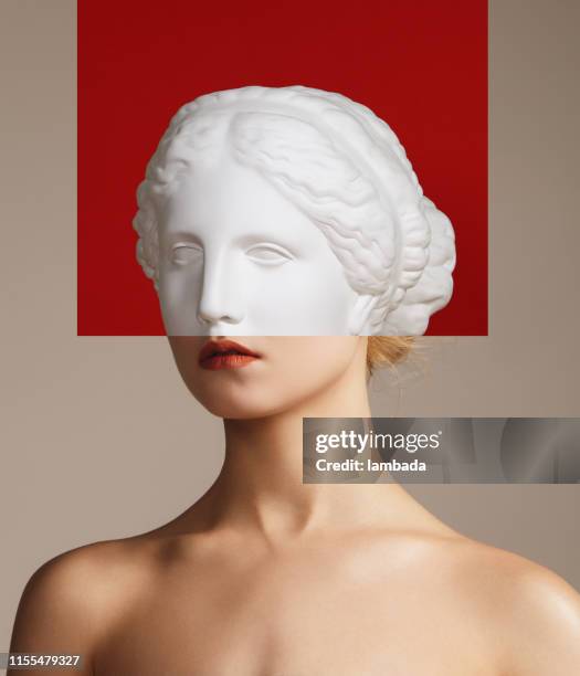 collage with woman and plaster head - greek statue head stock pictures, royalty-free photos & images