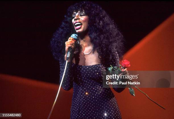 American Disco and R&B singer Donna Summer performs onstage at the Poplar Creek Music Theater, Hoffman Estates, Illinois, July 12, 1983.