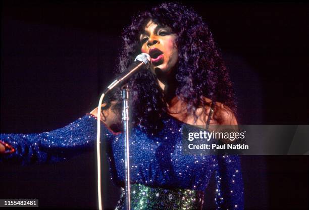 American Disco and R&B singer Donna Summer performs onstage at the Poplar Creek Music Theater, Hoffman Estates, Illinois, July 12, 1983.