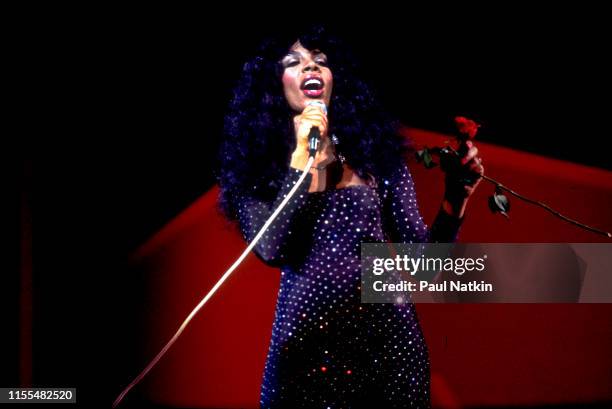 American Disco and R&B singer Donna Summer performs onstage at the Poplar Creek Music Theater, Hoffman Estates, Illinois, July 12, 1983.