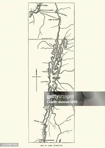 map of lake champlain, 19th century - vermont stock illustrations