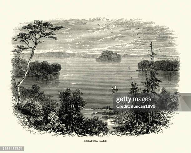 illustrazioni stock, clip art, cartoni animati e icone di tendenza di lago saratoga, new york, xix secolo - silicon valley