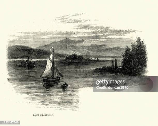 view of lake champlain, 19th century - lake champlain stock illustrations
