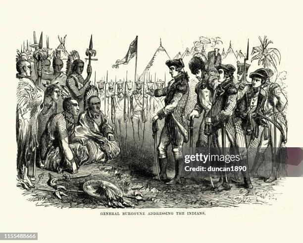 general john burgoyne addressing native americans - american revolution soldier stock illustrations