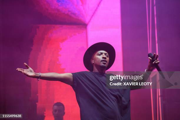 French singer Said M'Roumbaba, better known as Soprano performs on stage during the 35th edition of the Francofolies Music Festival, in La Rochelle,...