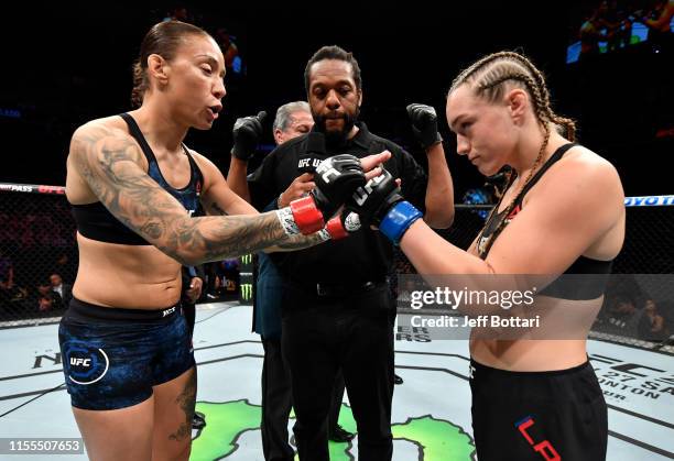 Opponents Germaine de Randamie of the Netherlands and Aspen Ladd face off prior to their women's bantamweight bout during the UFC Fight Night event...