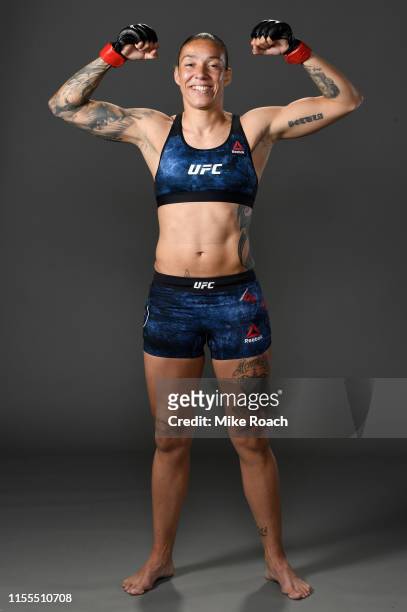 Germaine de Randamie of the Netherlands poses for a portrait backstage after her victory over Aspen Ladd during the UFC Fight Night event at Golden 1...