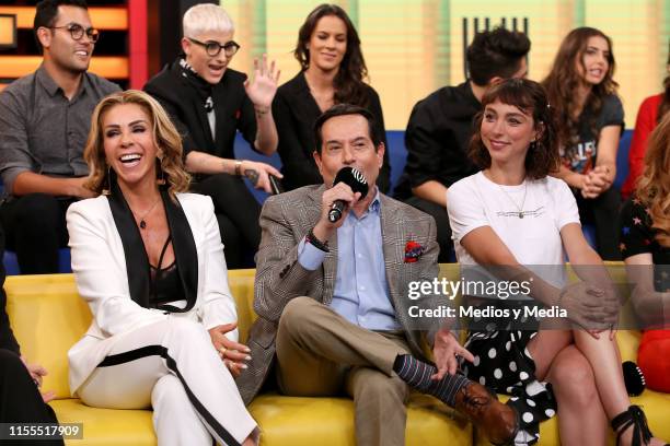 Rocío Sánchez Azuara, Juan Jose Origel and Natalia Téllez smile during a Unicable press conference at XEW to announce new productions on June 12,...