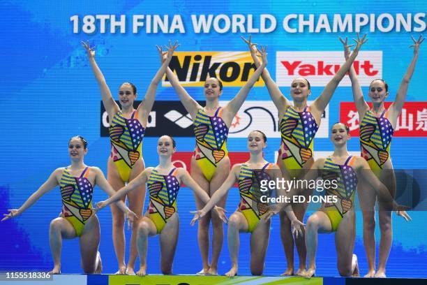 New Zealand's team compete in the team technical artistic swimming event during the 2019 World Championships at Yeomju Gymnasium in Gwangju on July...