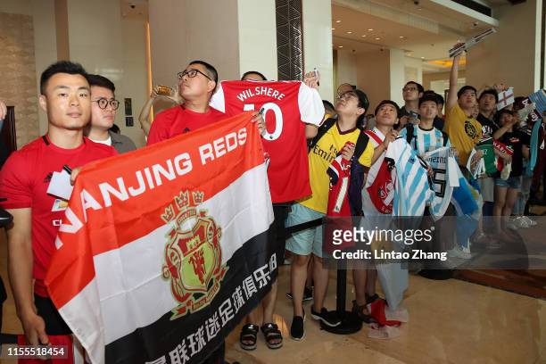 Fans of West Ham United line up waiting team arrival at the hotel on July 14, 2019 in Nanjing, China.