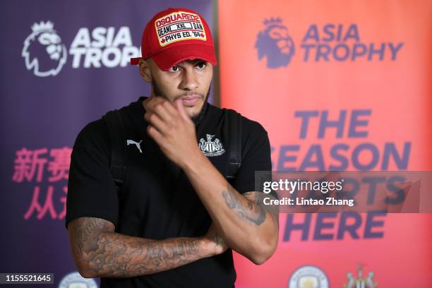 Newcastle United player Jamaal Lascelles Interview after arrival at the hotel on July 14, 2019 in Nanjing, China.